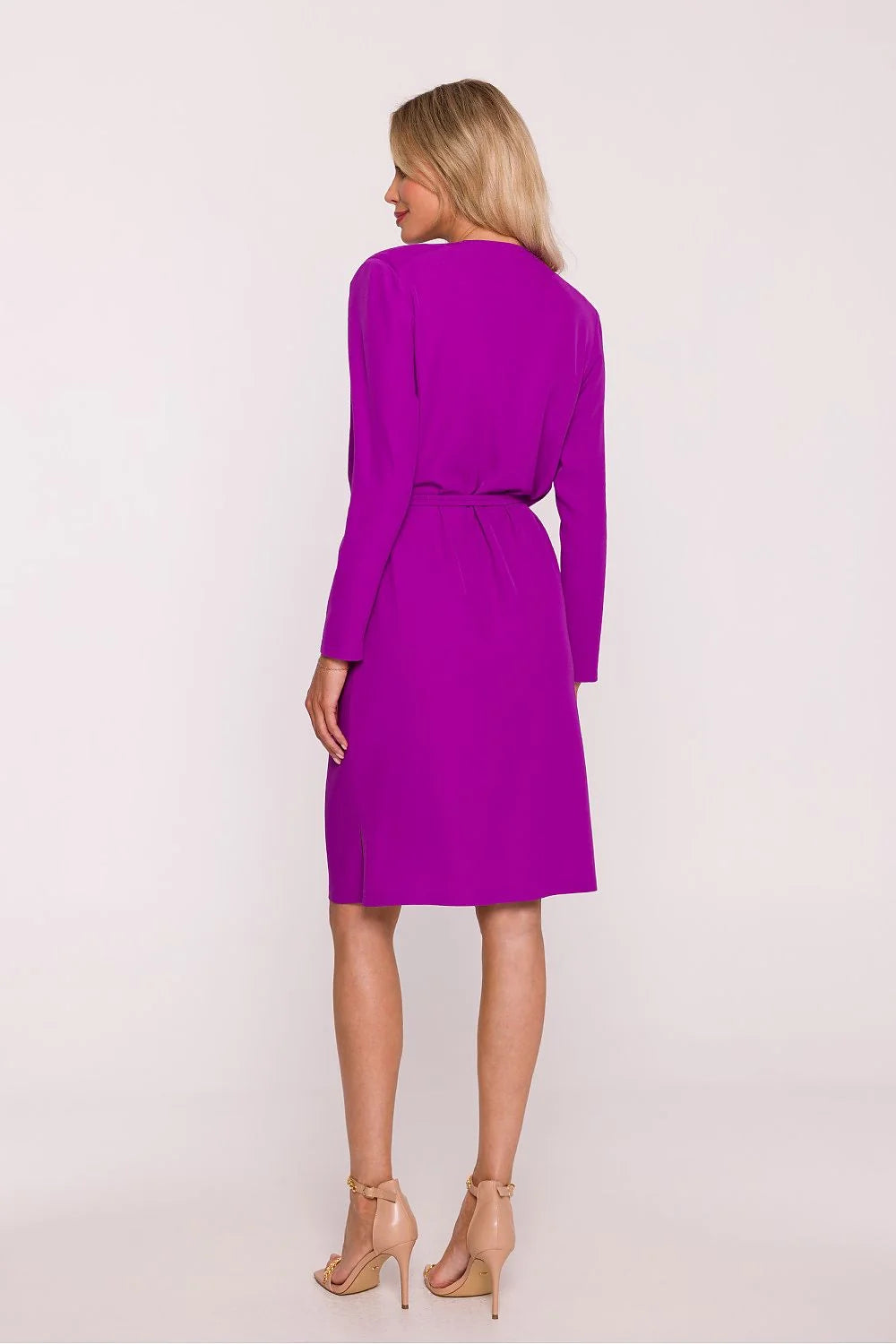 robe crayon midi fuchsia intense col drapé manches longues crêpe fluide mat taille cintrée ceinture élastique fente latérale discrète polonaise