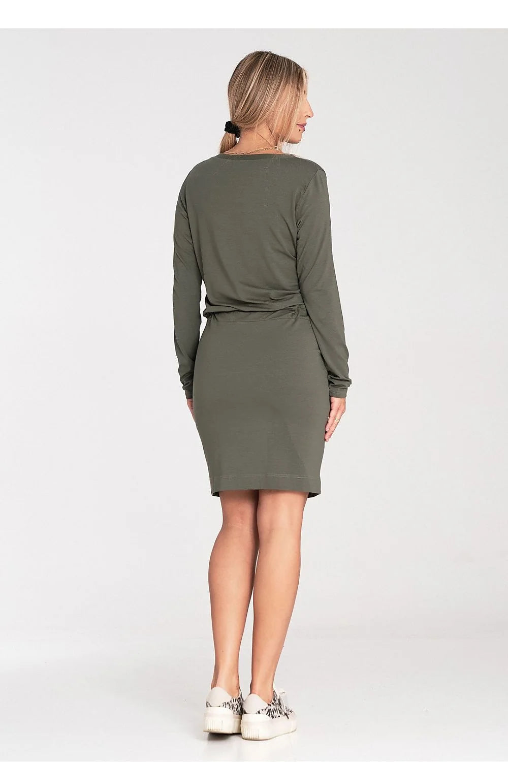 Robe femme décontractée vert olive manches longues encolure V taille ajustable élasthanne viscose polyvalente occasion quotidienne