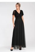 Robe longue élégante pour femme en tissu et tulle noir, style formel, décolleté en V, manches courtes, taille ajustable, soirée et événements