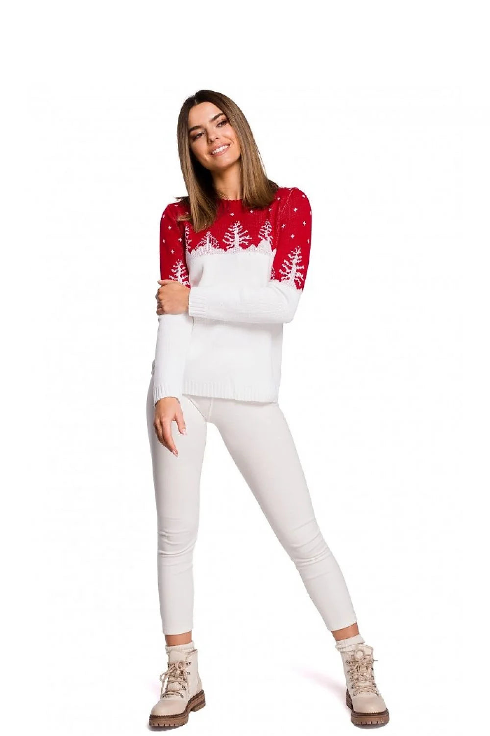 Pull tricot hivernal élégant décontracté motif sapin vert émeraude col rond manches longues femmes