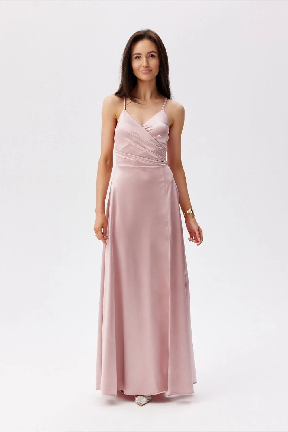 Robe de soirée élégante longue bretelles fines dos croisé fente côté couleur rose pastel polyester elasthanne femmes taille ajustable 34-42