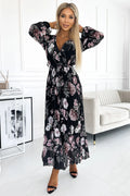 Robe de cocktail élégante longue manches longues encolure V croisée motif floral rose noir femme