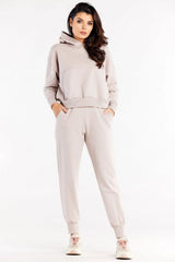 Ensemble détente femme hoodie et pantalon survêtement Infinite You coton élasthanne beige clair coupe ample manches longues poches latérales ceinture élastique