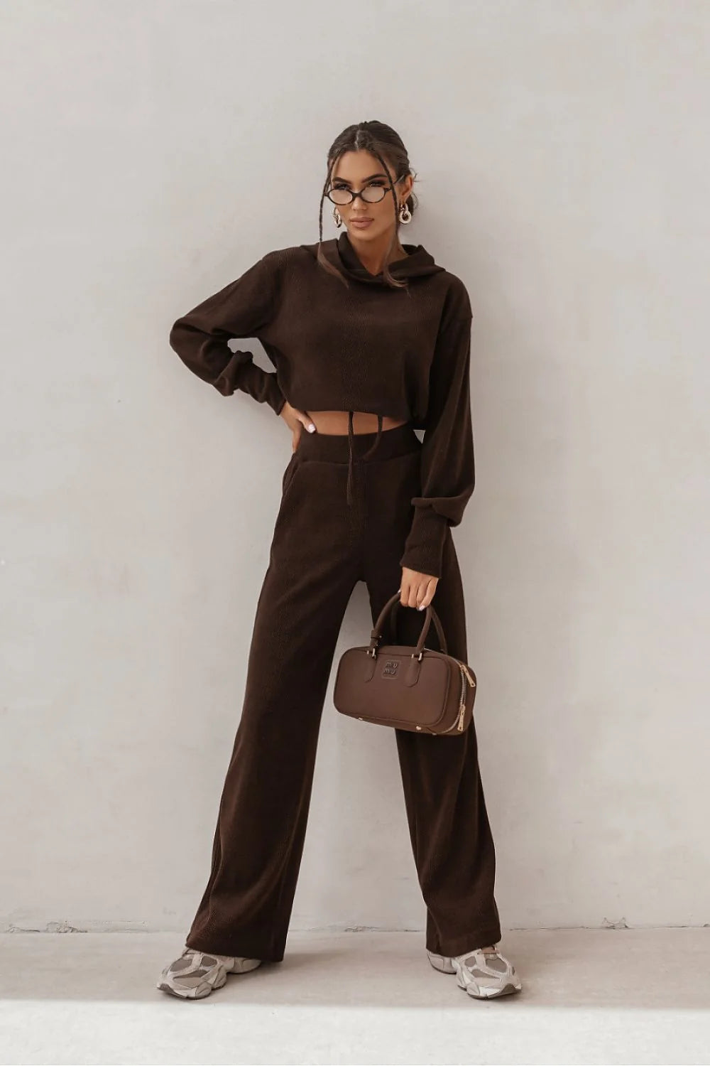 ensemble HOPE marron chocolat maille loungewear femme sweat capuche pantalon large elastique viscose polyester doux confortable