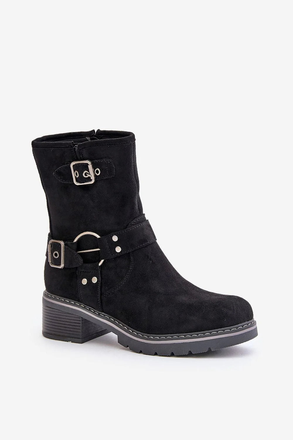 bottines femme daim noir écolabellisé motard zippé talon 5cm carré semelle crantée épaisse boucles métal argenté rivets surpiqûres confort urbain