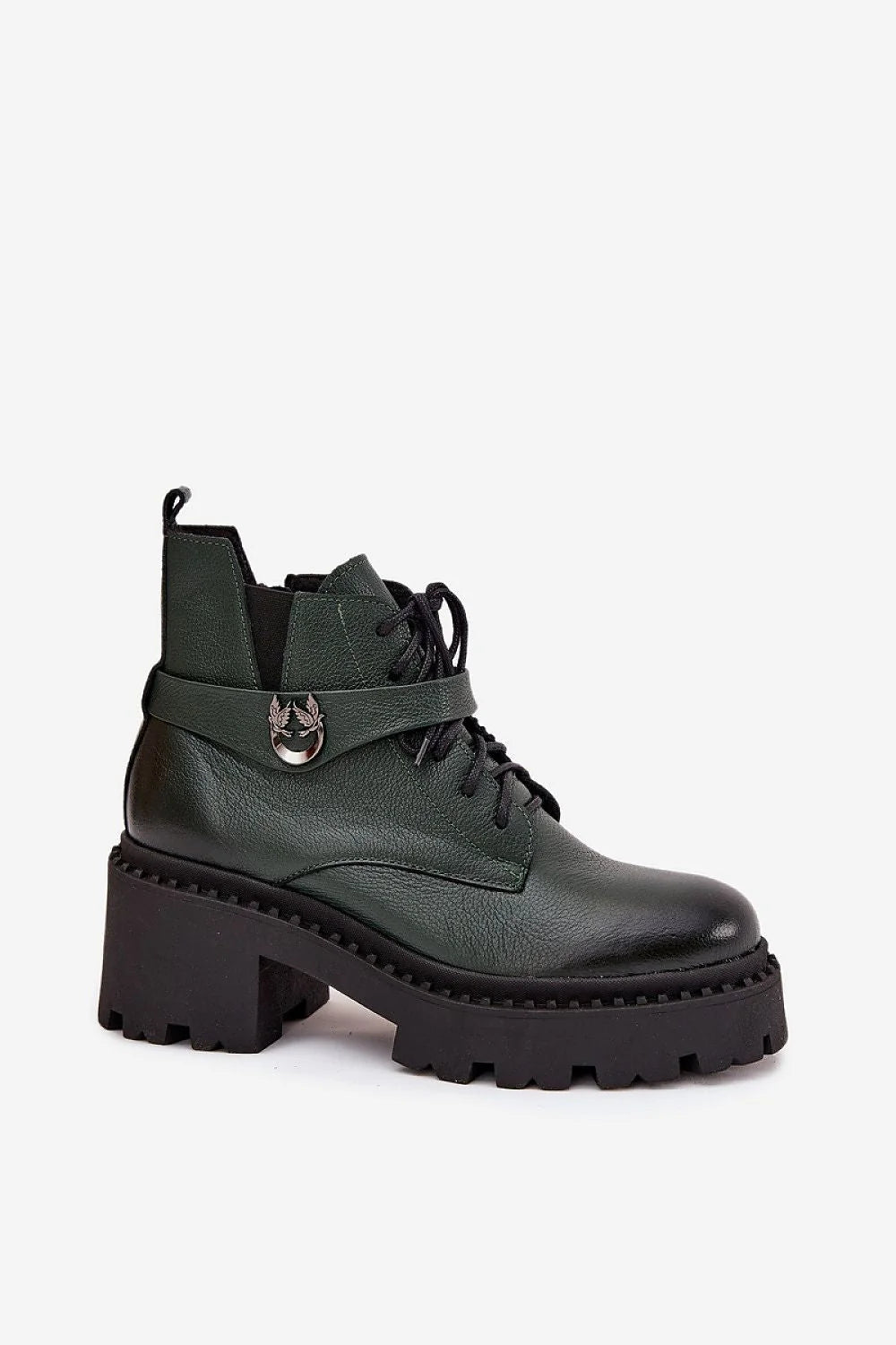 bottes femme cuir naturel vert forêt grainé bout rond semelle plateforme crantée talon bloc fermeture éclair latérale lacets réglables feutre