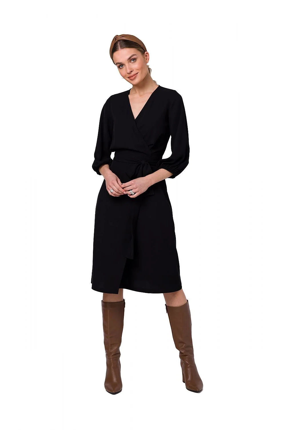 robe portefeuille midi fuchsia décolleté V profond manches troisquarts bouffantes ceinture nouée taille marquée tissu fluide élasthanne polyester élégante polyvalente