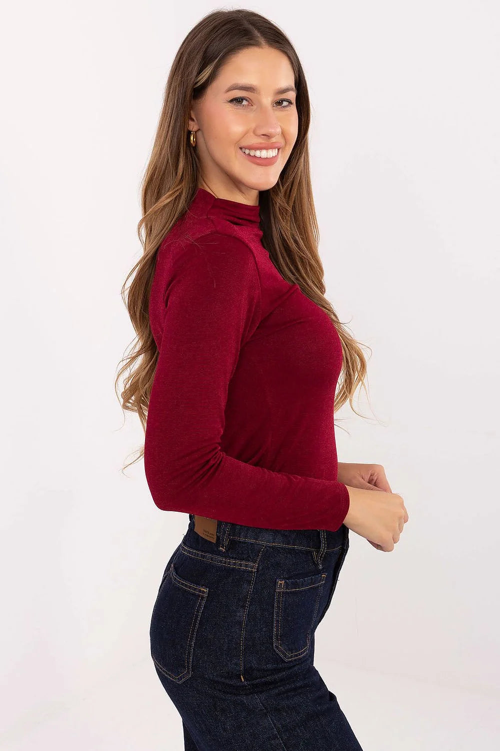 chemisier ajusté femme col montant manches longues bordeaux viscose polyester extensible maille fine doux slim polyvalent