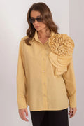 Chemise femme élégante manche longue design floral applique tissu coton couleur jaune pâle coupe ample occasionnels formels