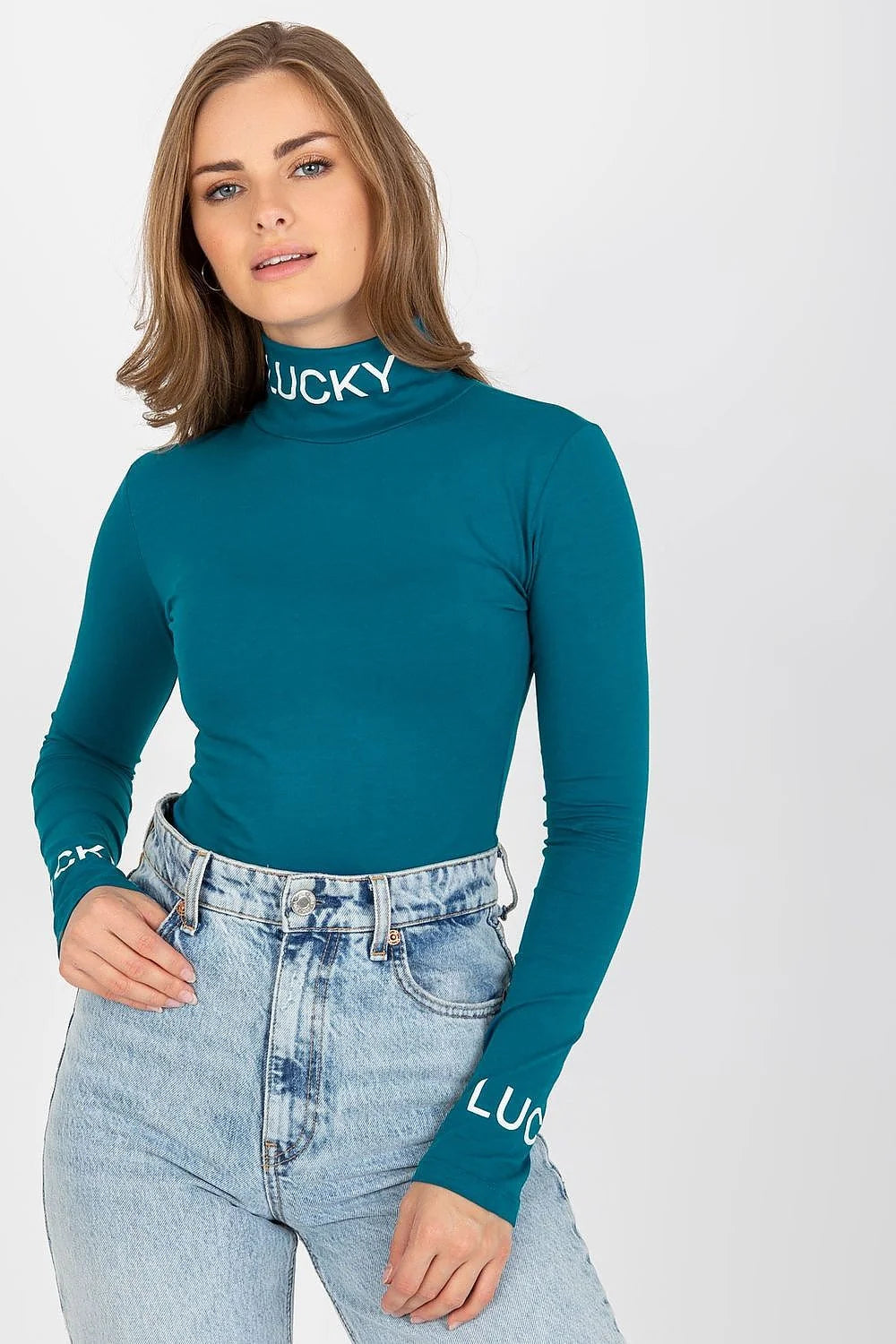Chemisier Ex Moda en coton stretch ajusté col roulé lettres contrastantes manches longues pour femme style moderne