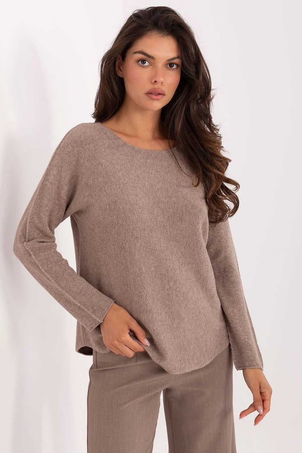 pull femme maille douce taupe col rond manches longues coupe droite oversize ourlet arrondi brossée réversible polyvalent confortable chic automne