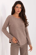 pull femme maille douce taupe col rond manches longues coupe droite oversize ourlet arrondi brossée réversible polyvalent confortable chic automne