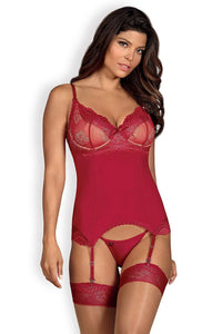 guêpière dentelle rouge sexy sophistiquée bretelles réglables armatures bonnets galbante microfibre extensible transparentes festonnées décolleté string assorti jarretelles glamour romantique