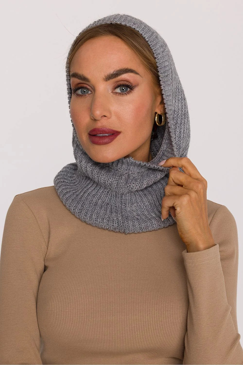 balaklava cagoule snood capuche maille côtelée gris chiné tubulaire chaud élégant tricot doux extensible ajusté couvrant nuque confort