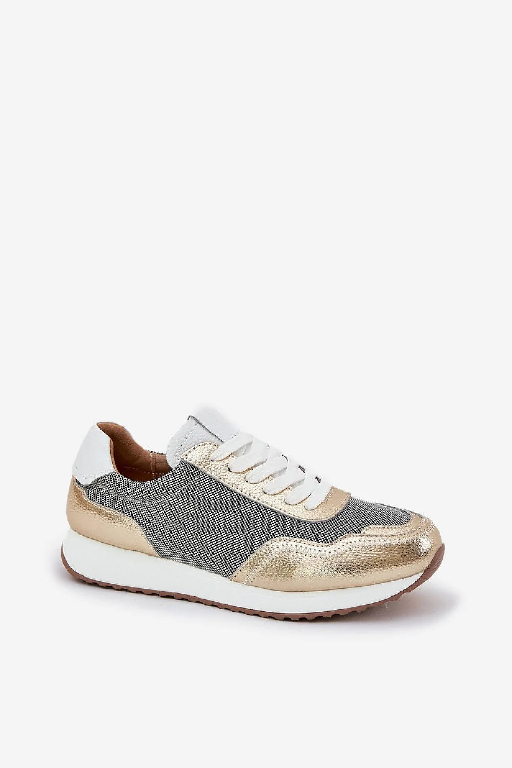 Chaussures de sport femmes design moderne élégant cuir naturel tissu empiècements dorés lacets blancs confort daily use