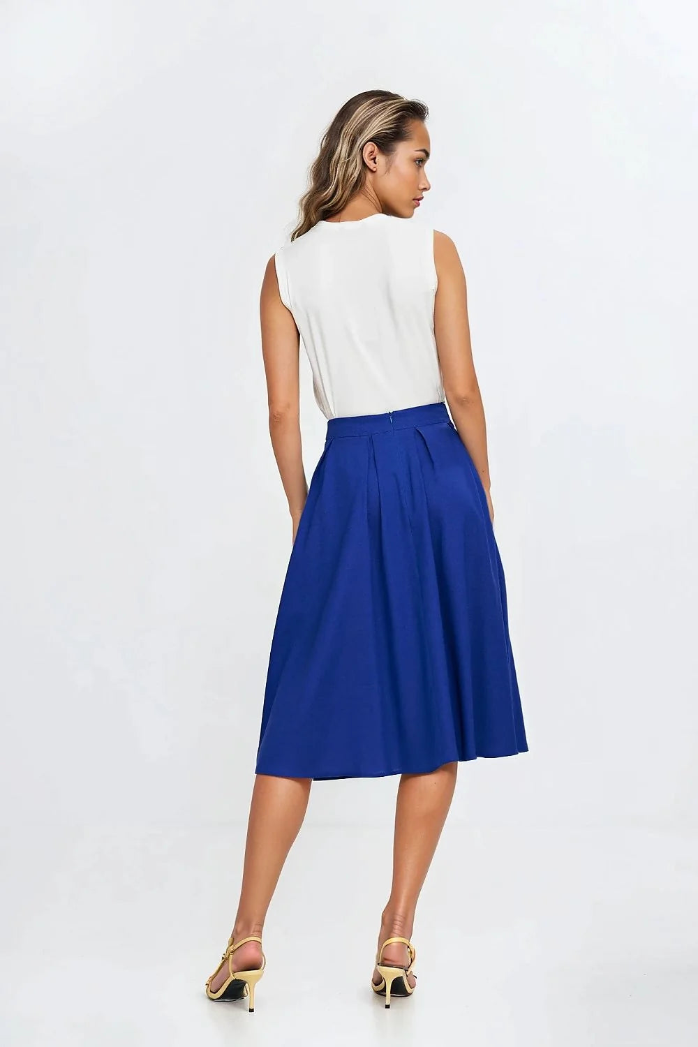 Ensemble deux pièces chemisier jupe femme sans manches V-neck blanc bleu vibrant coton polyester taille ajustable