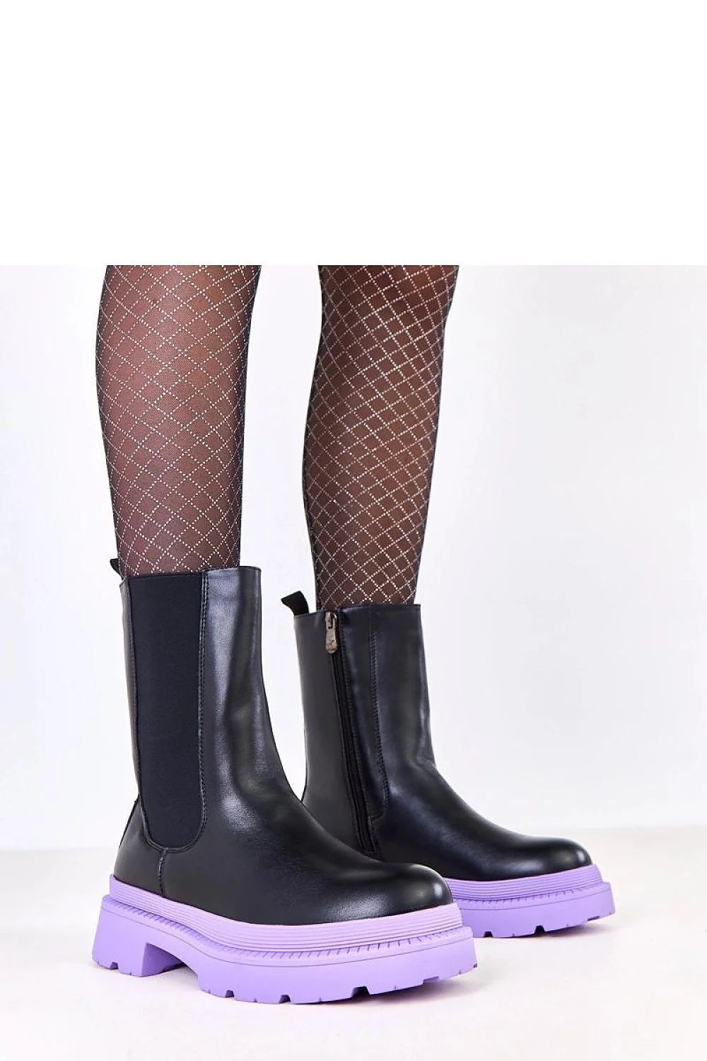 bottines femme chelsea cuir écologique noir semelle violette plateforme crantée talon 4cm bout rond doublée chaude fermeture éclair