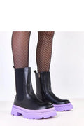 bottines femme chelsea cuir écologique noir semelle violette plateforme crantée talon 4cm bout rond doublée chaude fermeture éclair