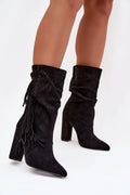bottes femme suédine écologique noire mi mollet talon pilier bout pointu tige froncée franges latérales enfilable doublure fourrure
