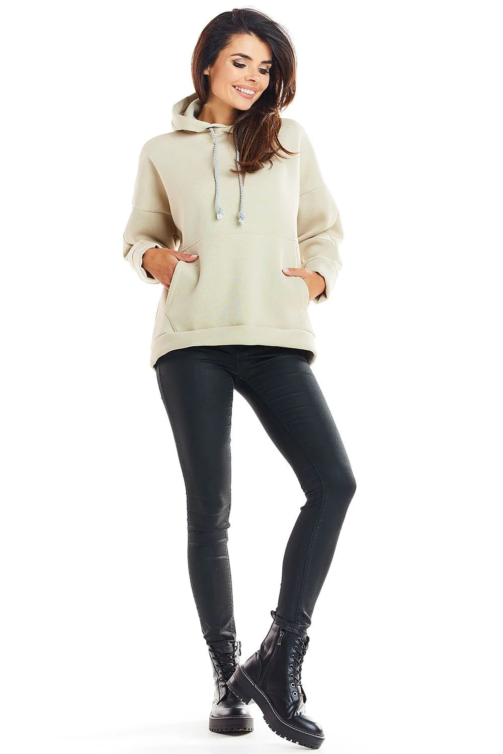 sweatshirt femme oversize molleton bleu ciel chiné coupe ample capuche cordon tressé poche kangourou poignets côtelés