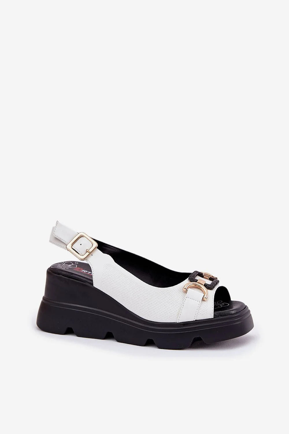 sandales femmes cuir naturel blanc tige texturée bride arrière réglable boucle dorée chaînette métal plateforme noire semelle crantée