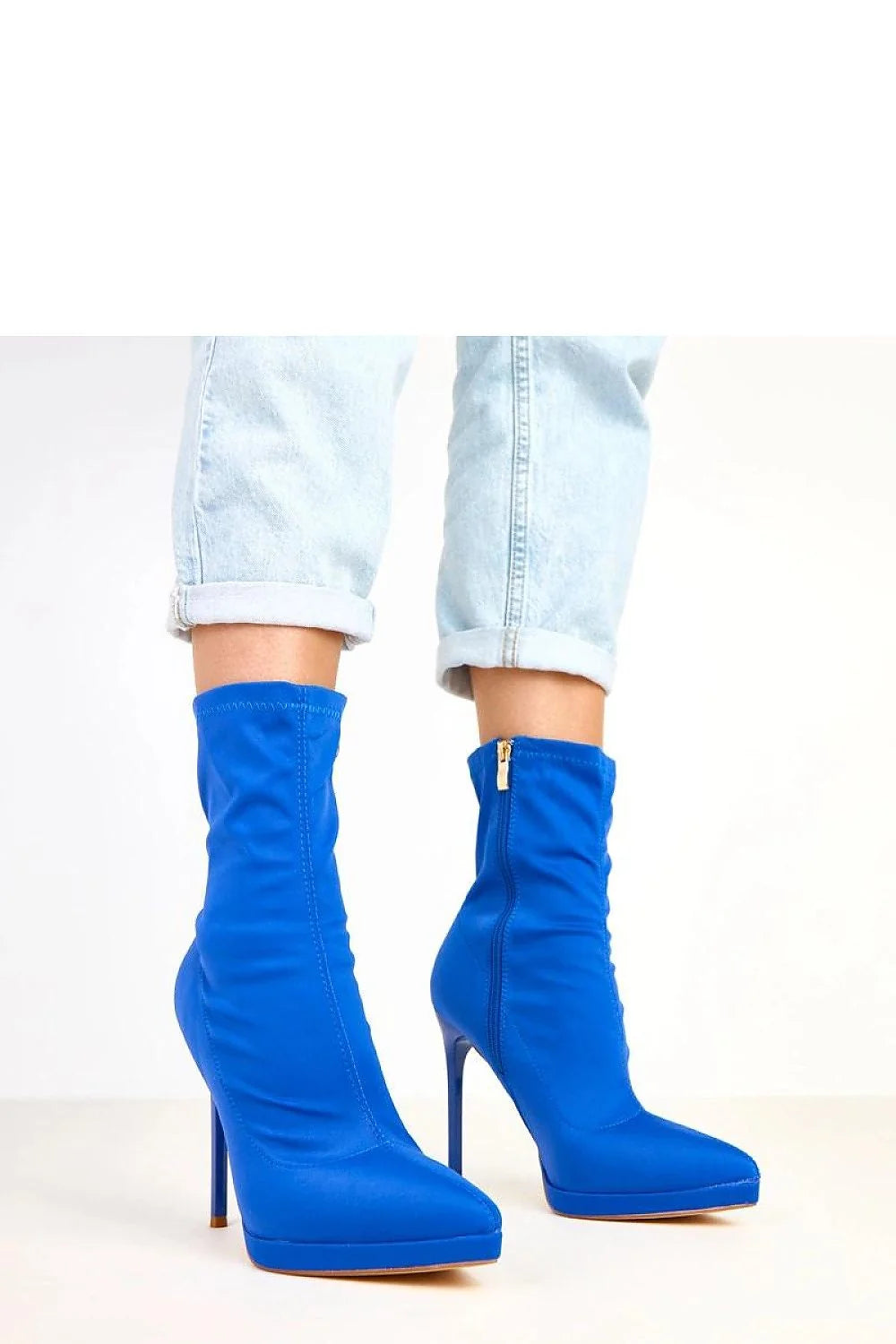 bottines satin bleu électrique stretch seconde peau bout pointu talon aiguille tige mi mollet plateforme discrète doublure douce