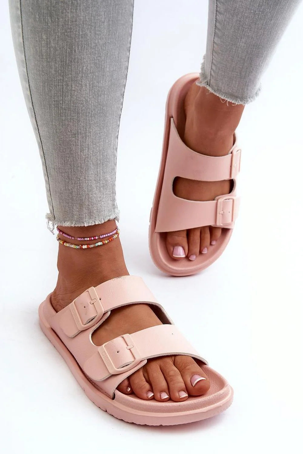 Sandales mules femmes style moderne double bride matériau synthétique rose pâle confort adhérence occasions estivales