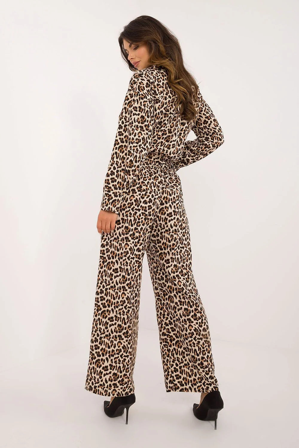 Ensemble féminin audacieux imprimé léopard chemise pantalon large manches longues haut noué taille haute polyester elasthanne occasion soirée ville mode tendance