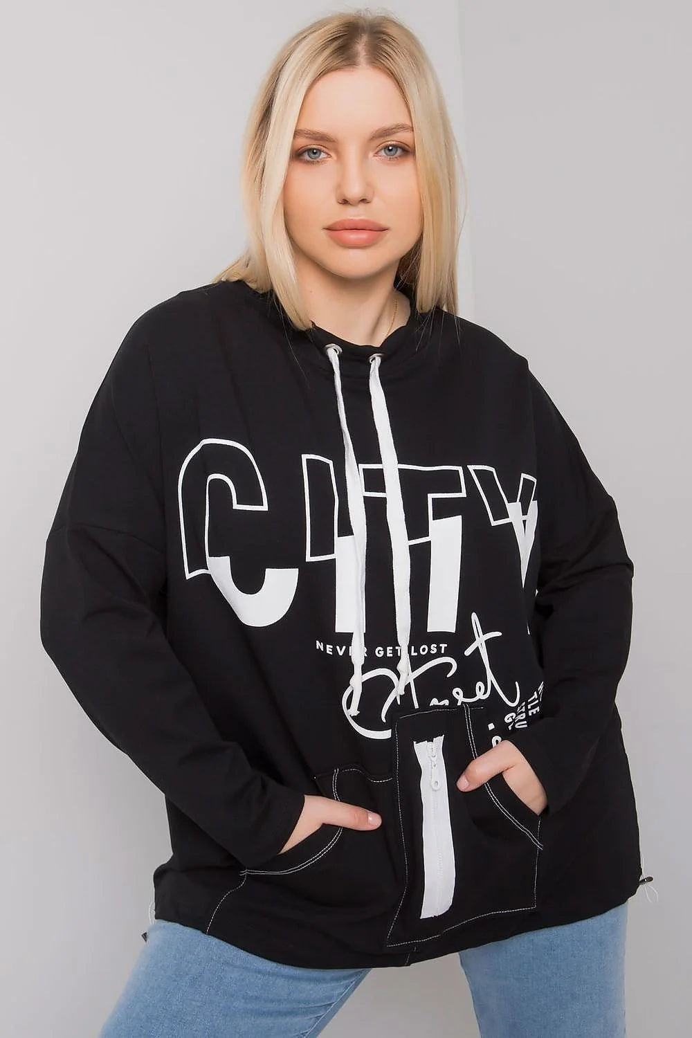 Sweat à capuche noir coton urbain moderne confortable ample avec impression CITY pour femmes tendance