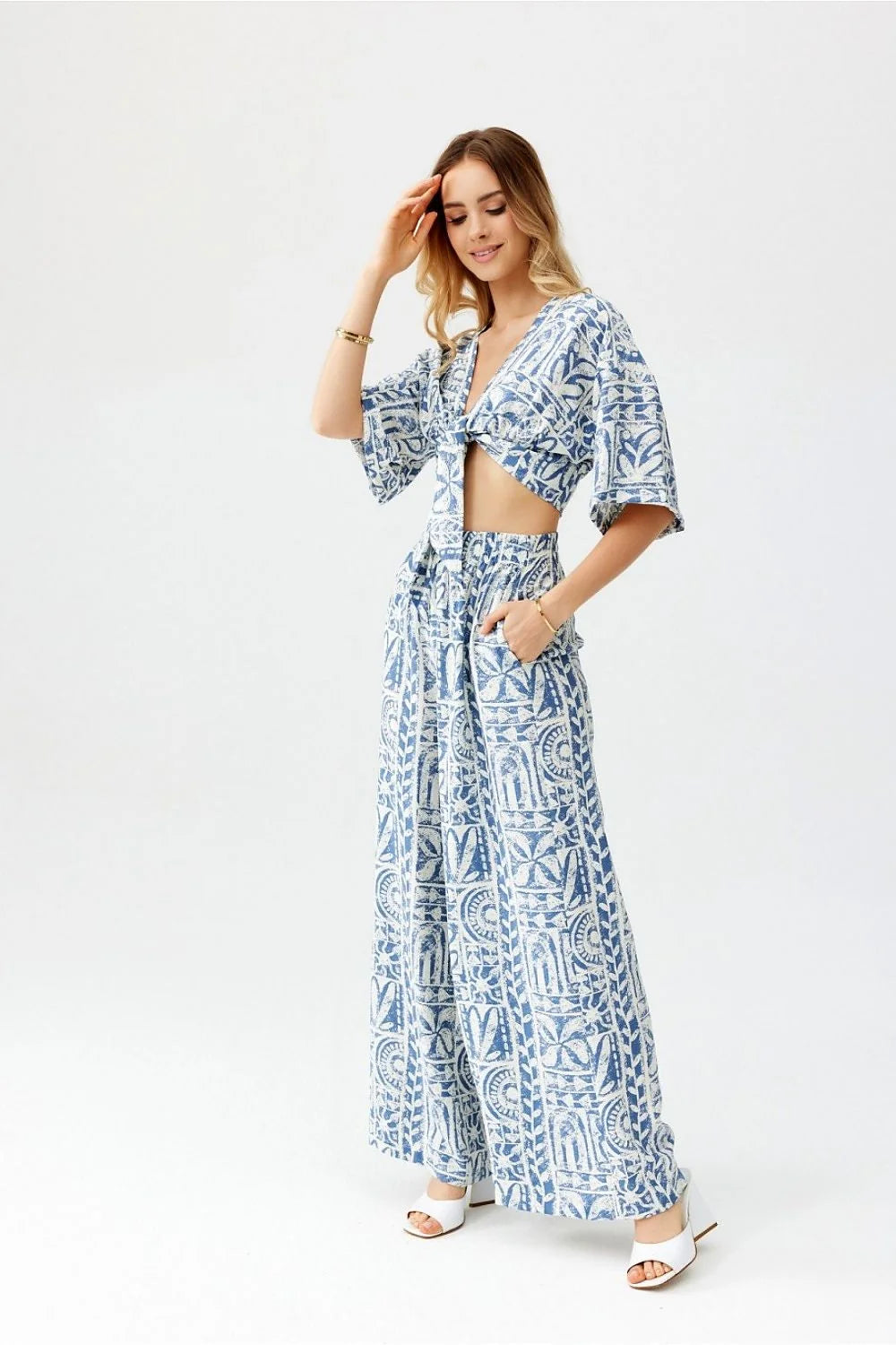 Ensemble femme été chic pantalon large taille haute haut V plongeant print imprimé bleu blanc matériau léger confortable