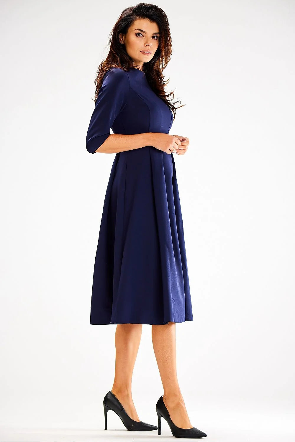 Robe de jour élégante midi manches 3/4 encolure bateau silhouette A en viscose polyester elasthanne bleu marine femme taille ajustable