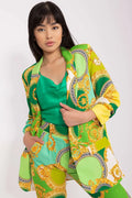 Blazer Italy Moda en polyester satiné, motifs baroques dorés, coupe ample, coloris vert émeraude et jaune vif, veste versatile pour femmes