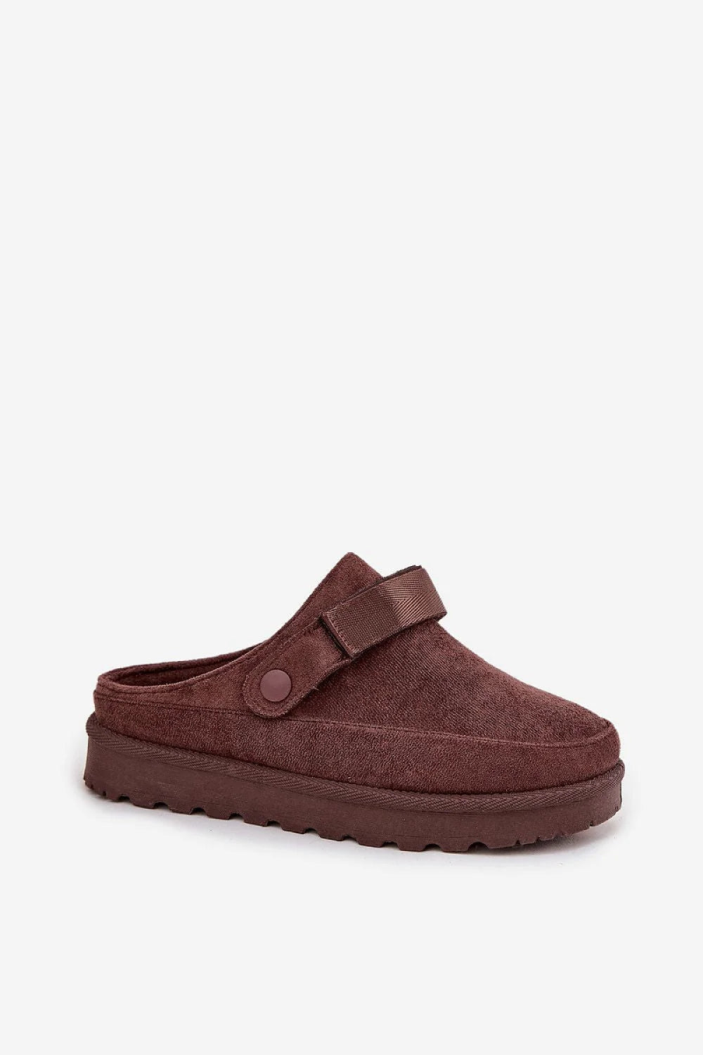 mules femme suédine écologique chocolat plateforme 4 cm doublure fourrure semelle crantée caoutchouc bride amovible velcro maintien ajustable confortable décontracté