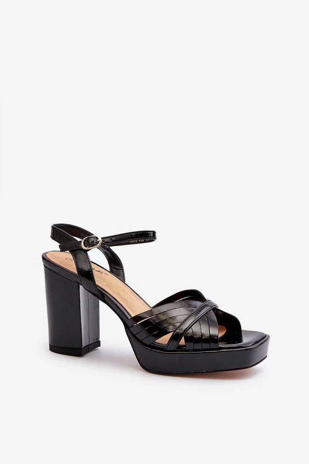 Sandales élégantes pour femme talon bloc rétro brillant ajustables strap métallique noir cuir artificiel 9cm