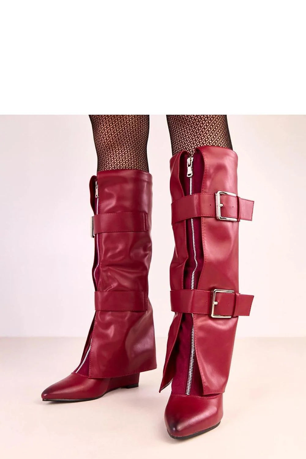 bottes hautes femme simili cuir bordeaux genou tige repliée boucles argentées bout pointu talon compensé 8cm doublure chaude