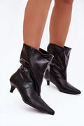 bottines femme noir simili cuir lisse bout pointu tige froncée mi mollet talon kitten bas slipon coutures élégantes