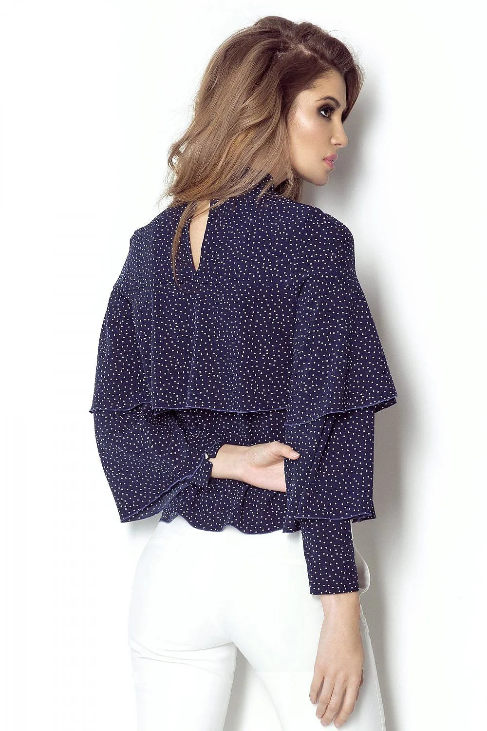 Chemisier noir en polyester moderne chic volants manches longues col montant automne tendance femme élégante