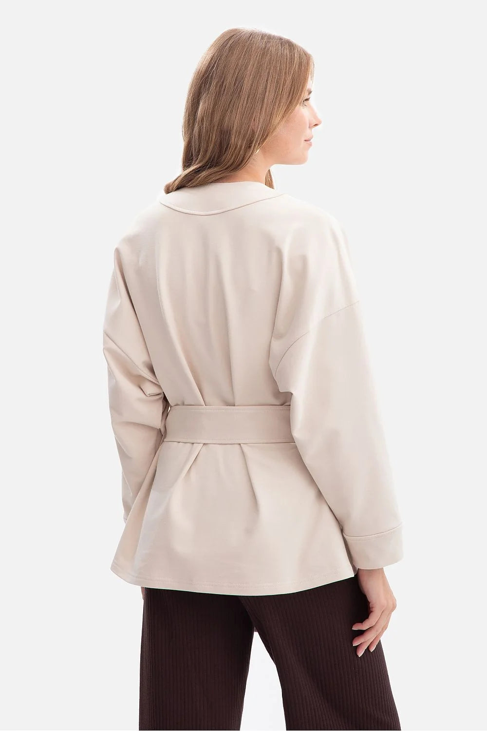 veste kimono ceinturée femme écru jersey structuré extensible coton élasthanne col V profond manches larges poignets oversize ajustable hanches