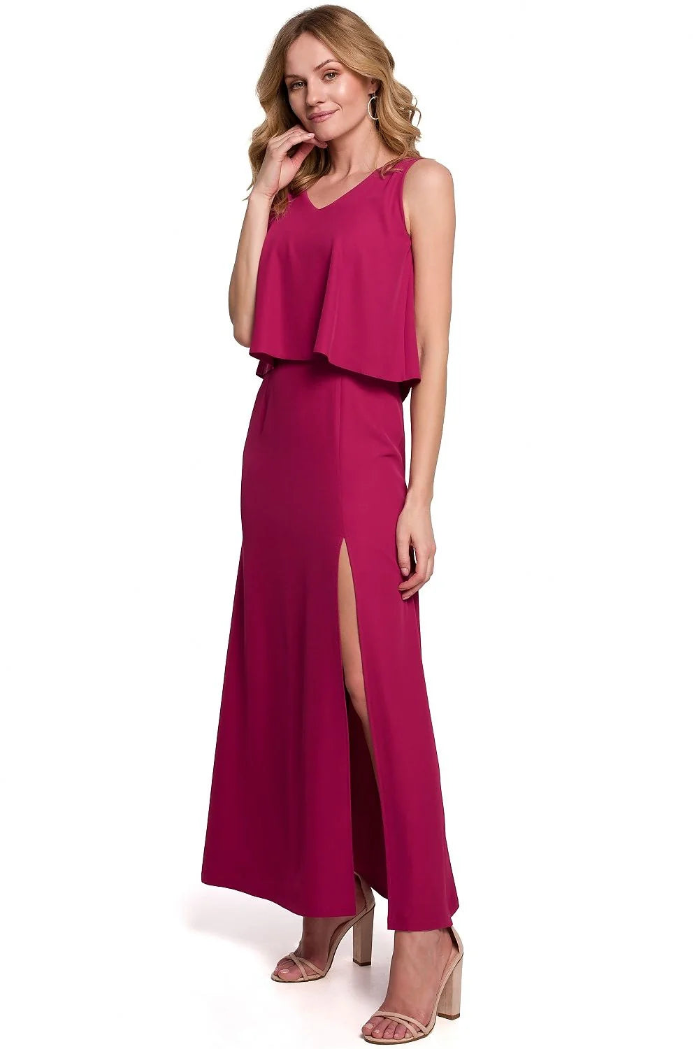 Robe cocktail polyester élasthanne longue corail sans manches élégante moderne fente latérale femme soirées