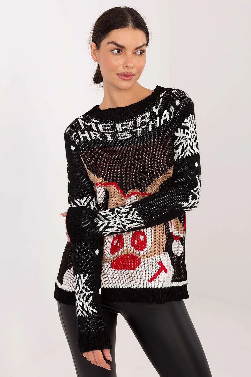 pull femme noir jacquard renne beige rouge flocons blancs col rond manches longues oversize maille épaisse chaude acrylique