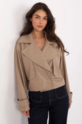 trench court femme simili cuir beige taupe vegan lisse double boutonnage col larges revers épaulettes doublé coupe courte urbaine chic