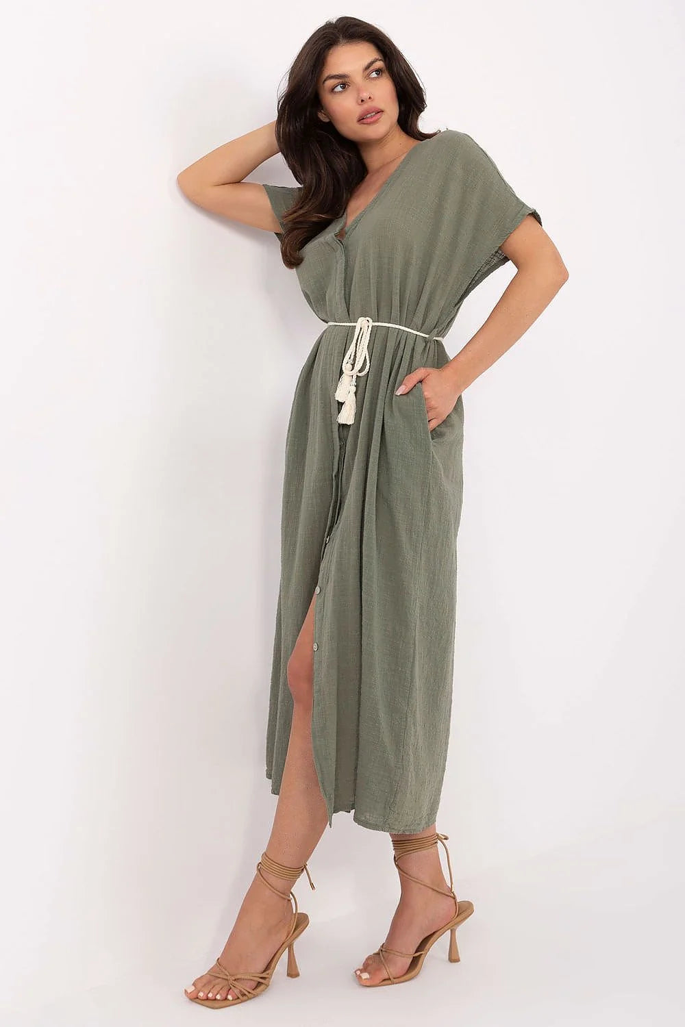 Robe longue bohème en lin coton kaki manches courtes encolure V ceinture cordelette femme occasion estivale