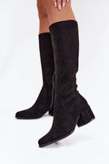 bottes femme suédine écologique noir haute genou talon bloc moyen confortable bout amande pointu fermeture éclair doublure fourrure polyvalente élégante