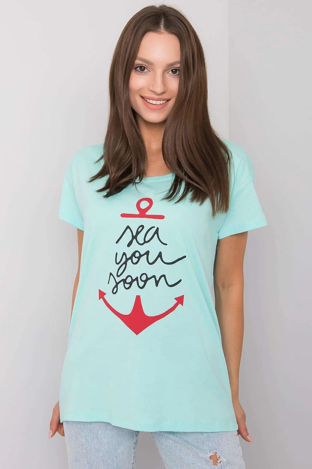 T-shirt pour femme design ancre 'sea you soon' vert menthe manches courtes col rond ajusté