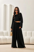 Ensemble femme Roco Fashion crop top manches longues pantalon large noir matière douce polyester mode élégant confortable