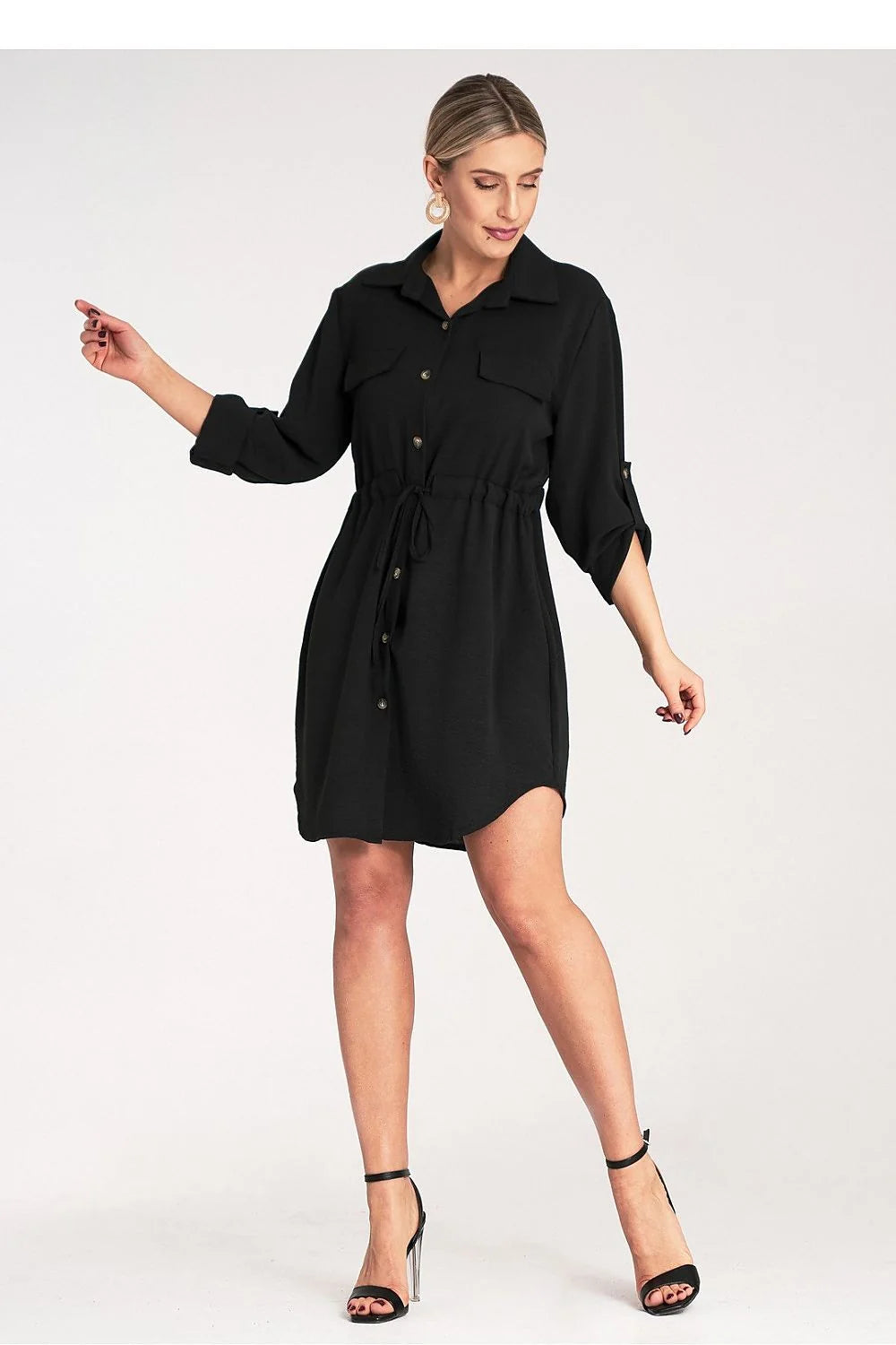 Robe de jour Figl style décontracté sophistiqué robe chemise manches longues ajustables taille ajustable tissu noir femme