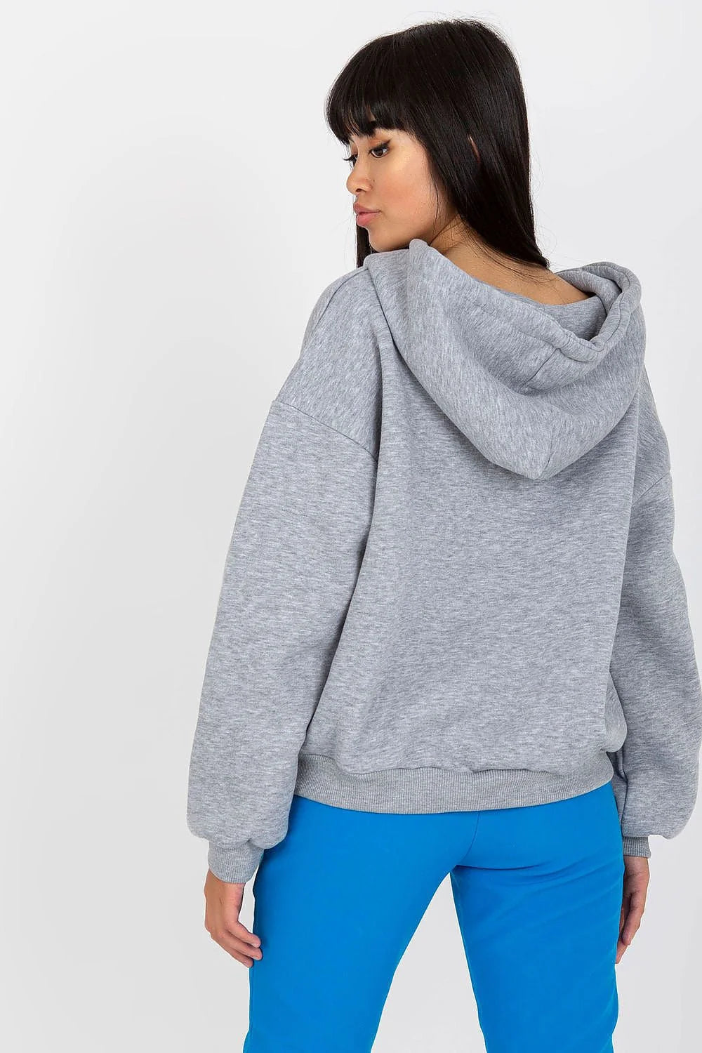 Sweatshirt à capuche pour femme en coton et polyester, style décontracté, couleur grise claire, col en V, manches longues, coupe relaxée, idéal pour quotidien