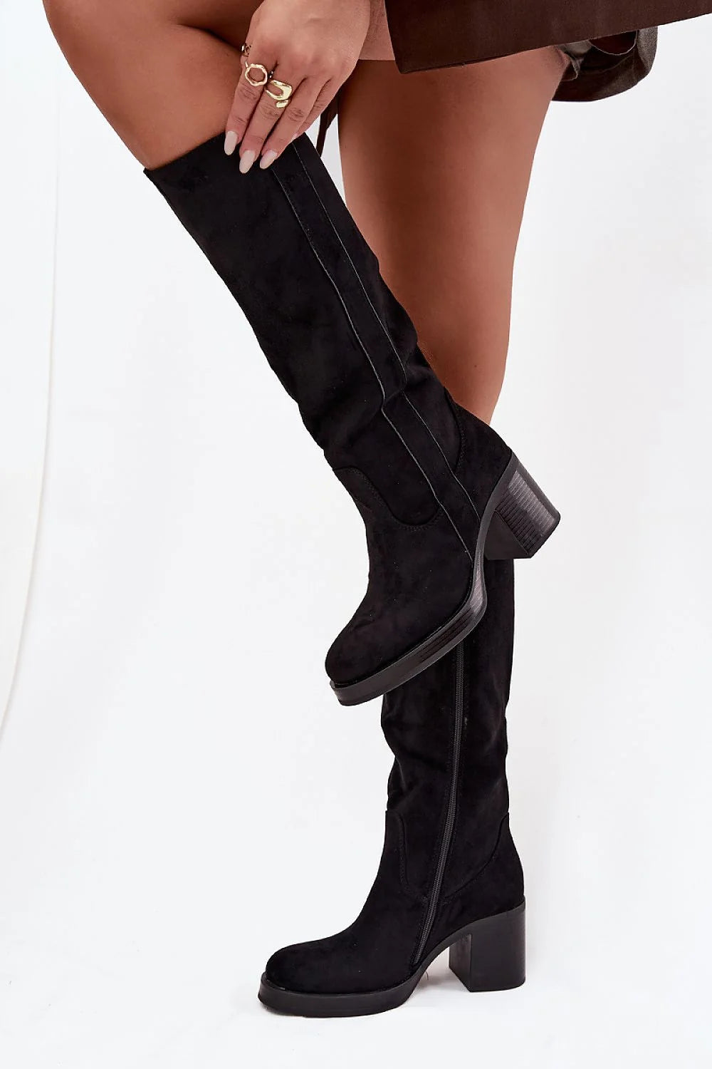 bottes femme suédine synthétique noir tige haute 37cm talon massif colonne bout arrondi fermeture zip doublure douce thermique