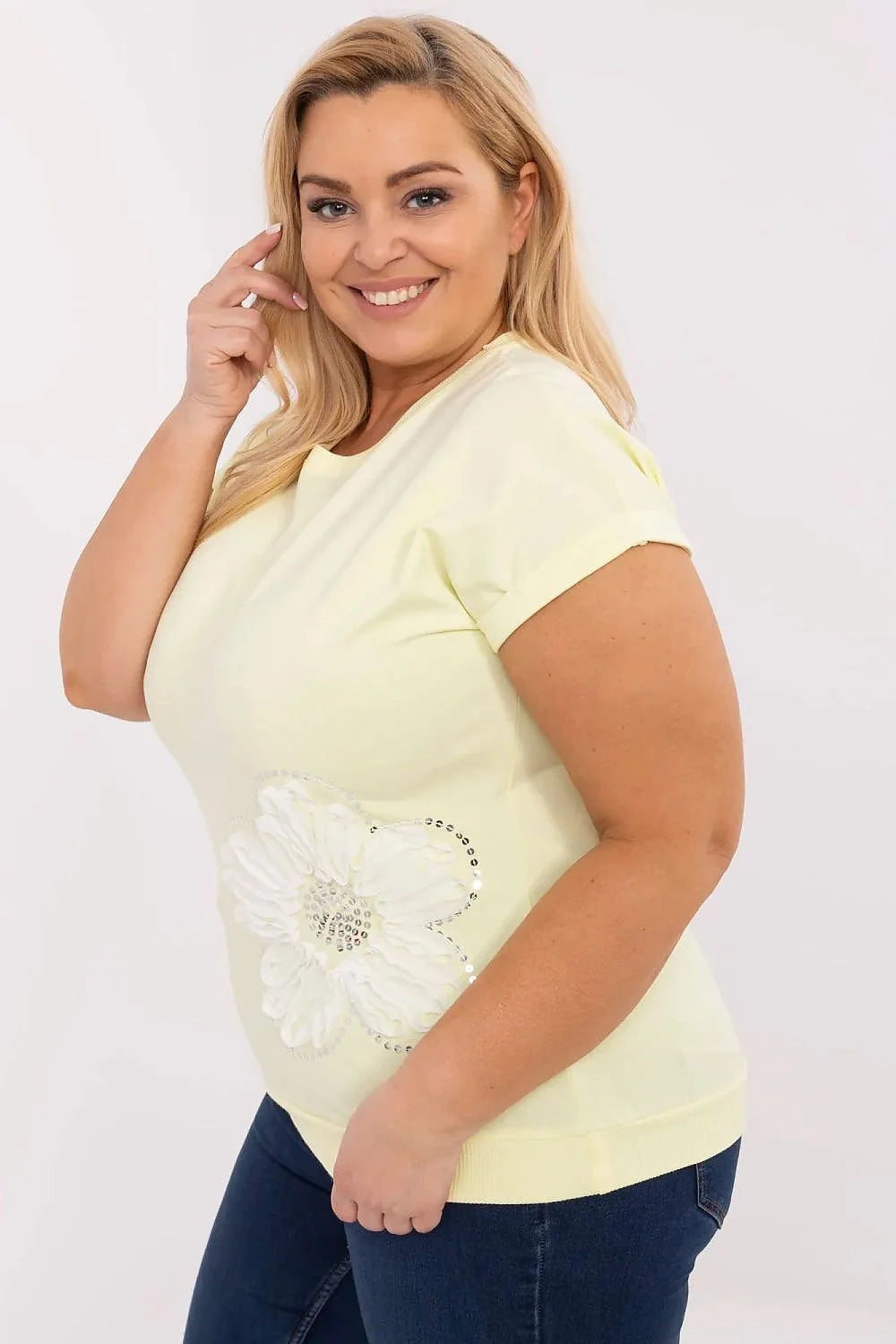 T-shirt femme élégant moderne tunique fleur brodée paillettes coton élasthanne manches courtes couleur jaune pâle