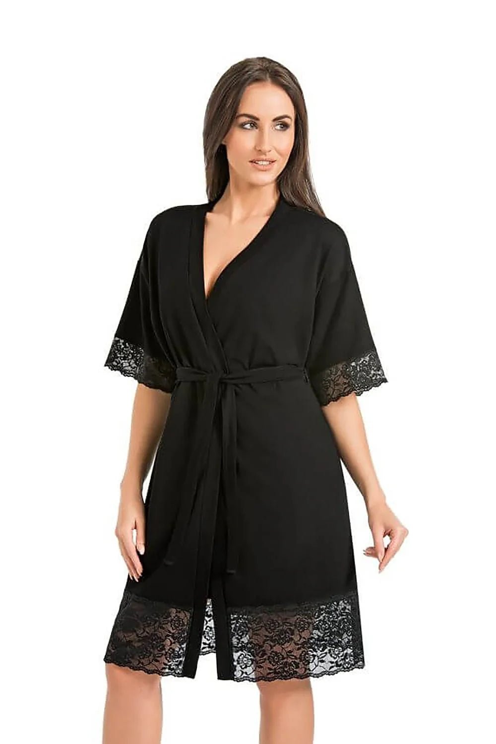 Peignoir élégant pour femme coupe kimono manches mi-longues dentelle florale noire ceinture assortie